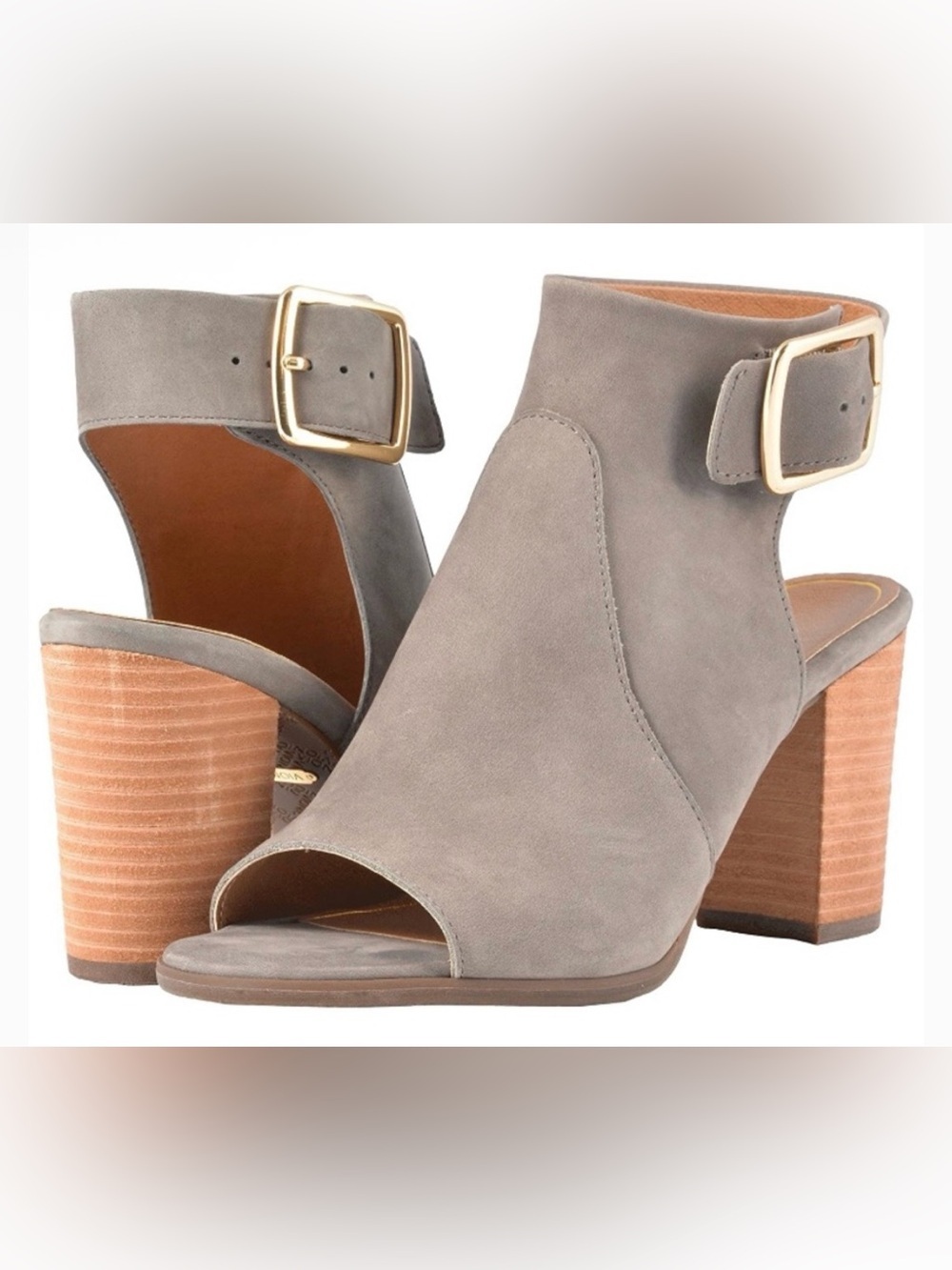 Vionic Blakely Grey Leather Open Toe Slingback Block Heel Booties Size 8.5